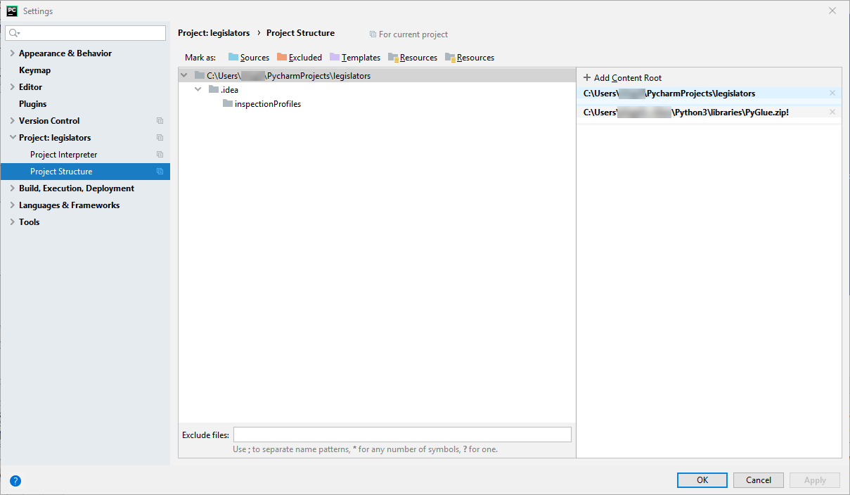 Schermata delle impostazioni di PyCharm con PyGlue.zip aggiunto come root di contenuto.