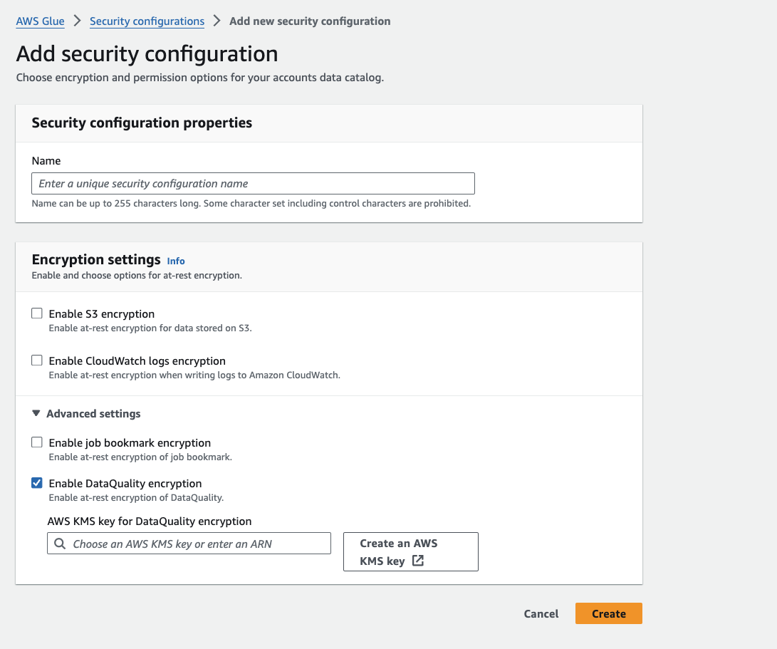 Lo screenshot mostra la pagina di configurazione Aggiungi sicurezza. L'opzione Abilita DataQuality crittografia è selezionata.