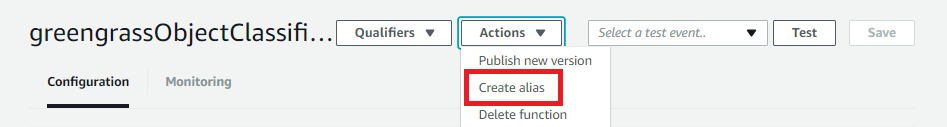 L'opzione Create alias (Crea alias) nel menu Actions (Azioni).