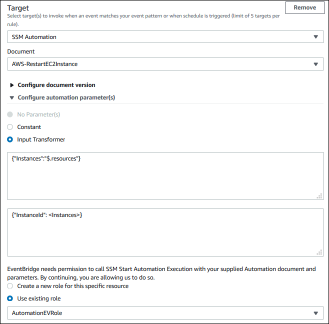 
              Schermata dell'esempio «SSM Automation» nella  EventBridge  console.
            