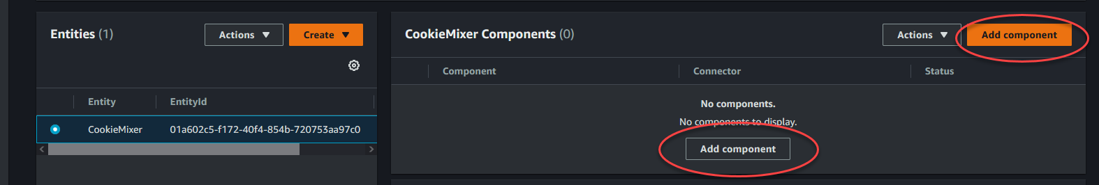 Una pagina della console TwinMaker Entities che mostra il pulsante Aggiungi componente.