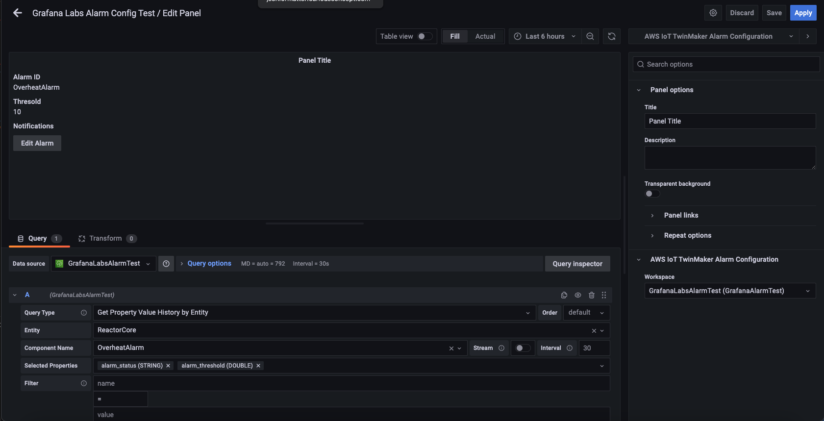 Il pannello di test/modifica della configurazione degli allarmi di Grafana Labs con una configurazione completa compilata.