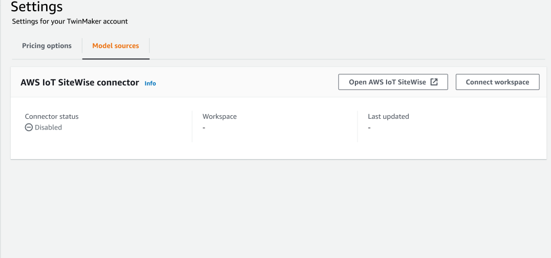 Viene aperta la pagina delle impostazioni della AWS IoT TwinMaker console con la scheda Sorgenti del modello.