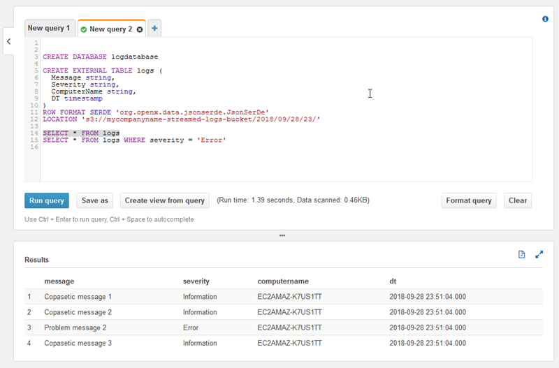 Screenshot che dimostra come eseguire query dei record di log utilizzando Athena.