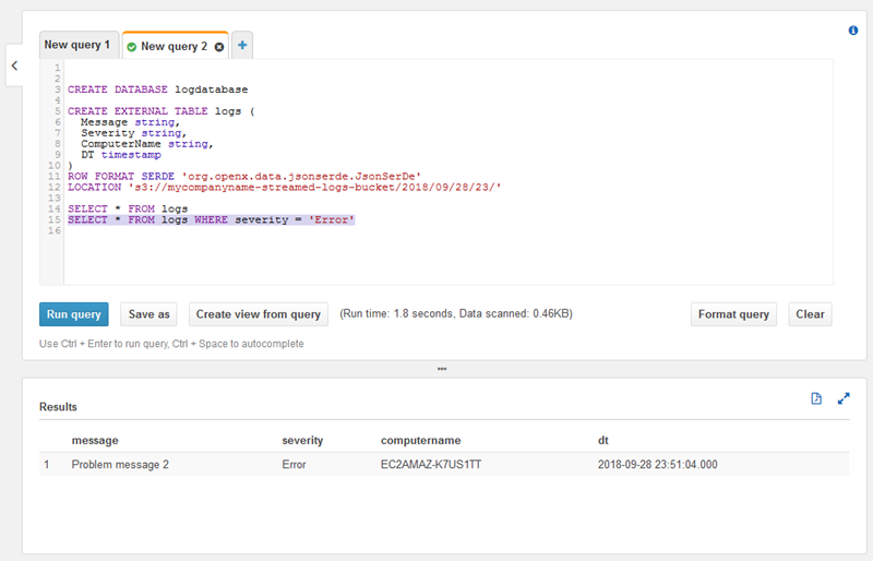 Screenshot che dimostra come eseguire query per tipi specifici di record in Athena.
