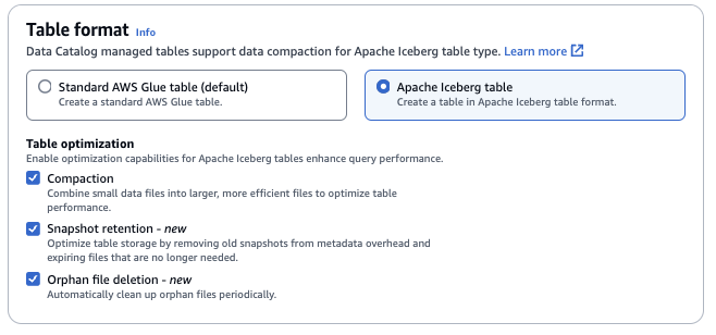 Opzione di tabella Apache Iceberg selezionata con opzioni di ottimizzazione della tabella.