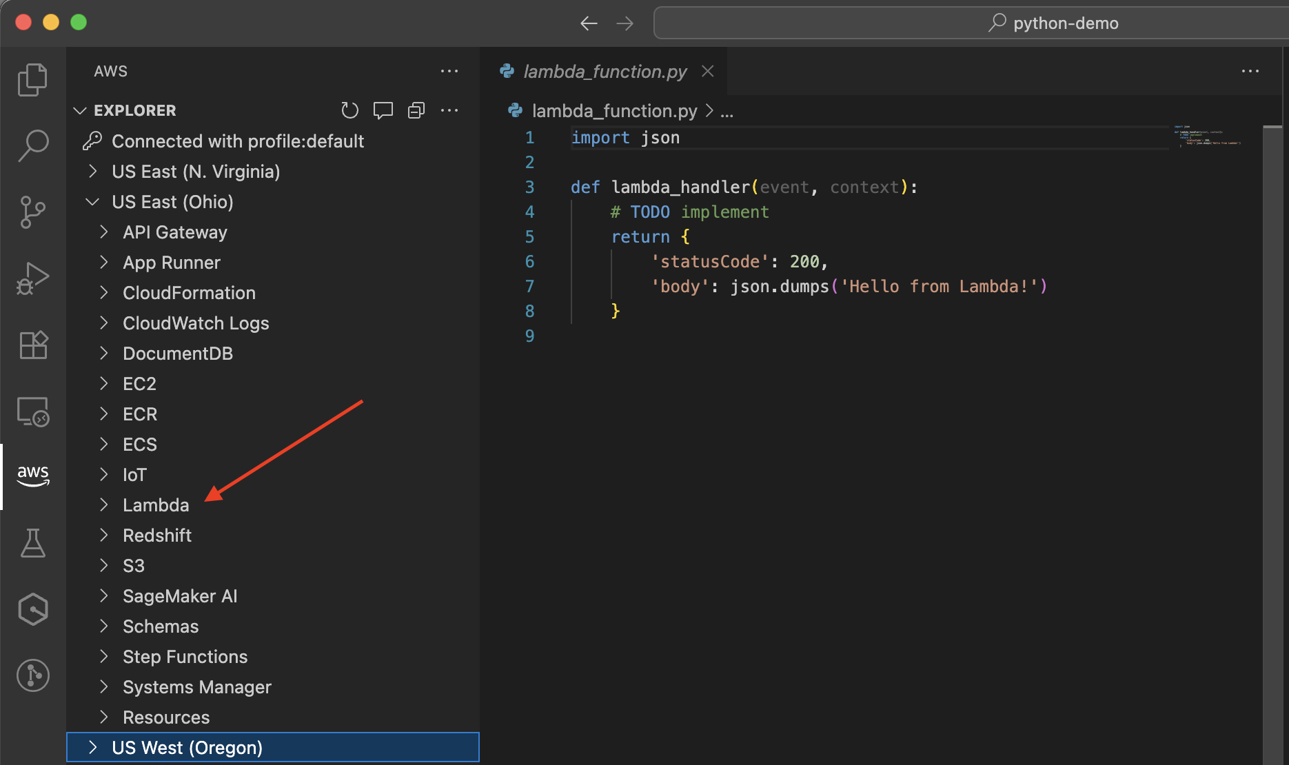 AWS Explorer che mostra la selezione della regione