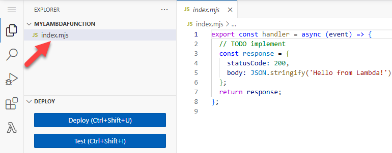 Diagramma che mostra l'editor di codice della console e il file index.mjs in Esplora file