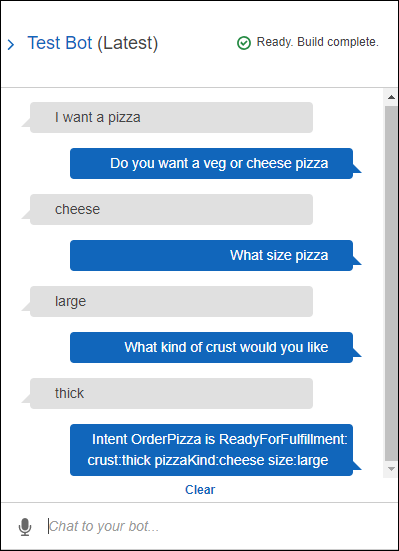 Conversazione per l'ordine di una pizza tramite il bot pizza.