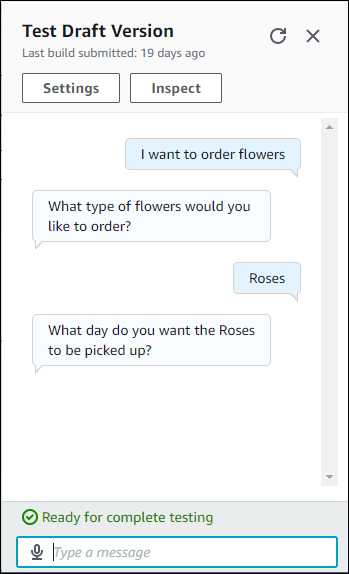 La finestra di prova che mostra una conversazione con un bot di Order Flowers.