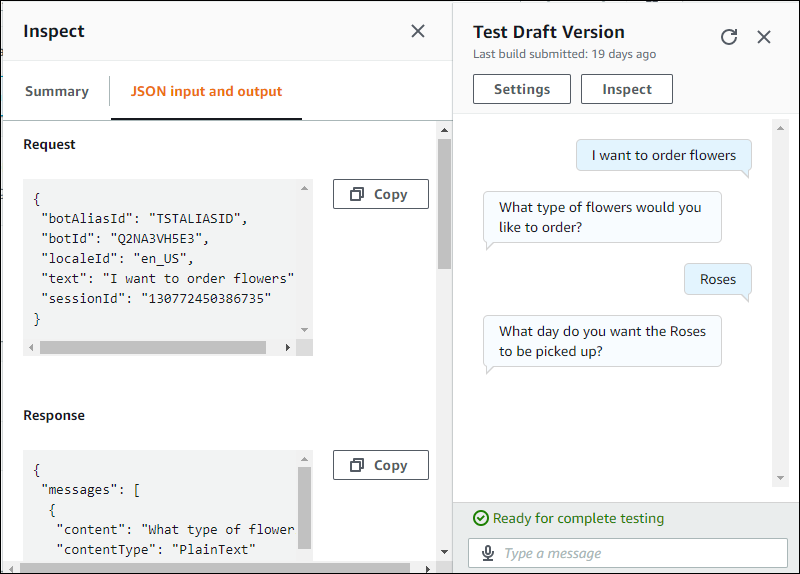 La finestra di test che mostra le strutture JSON utilizzate in una conversazione con un bot.