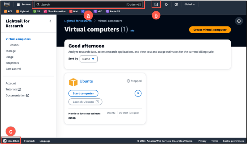 Funzionalità principali dell' AWS CloudShell interfaccia.