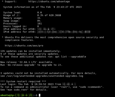 Connessione SSH stabilita con un computer virtuale.