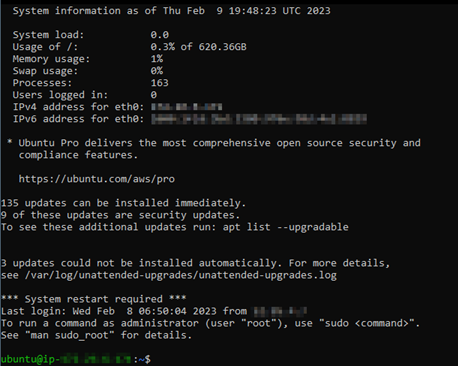 Connessione SSH stabilita con un computer virtuale.