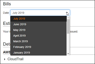 Selettore di data nella Gestione dei costi e fatturazione AWS dashboard.