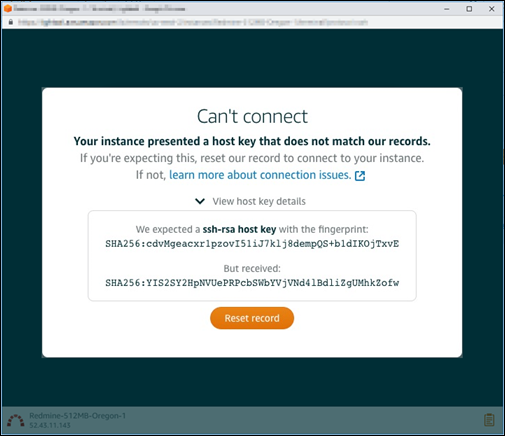 Errore di mancata corrispondenza della chiave host o del certificato per il client o il browser SSH Lightsail. RDP