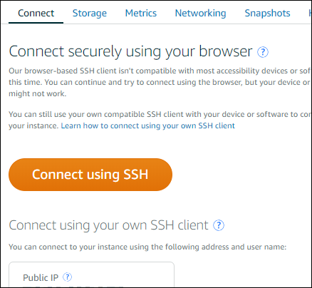Aprire il client SSH basato su browser tramite la scheda Connect (Connetti).
