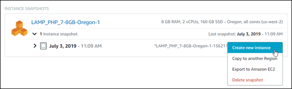 
            Creare una nuova risorsa da un snapshot nella console Lightsail.
          