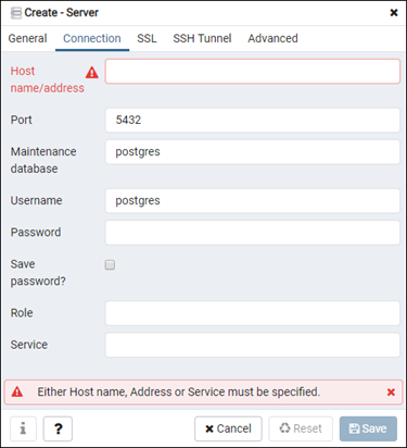 Modulo di configurazione del server pgAdmin