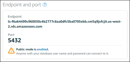 Endpoint e porta del database nella console Lightsail