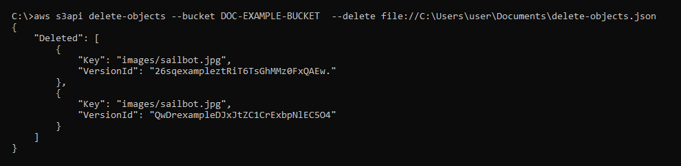 
            Risultato del comando AWS CLI delete-objects
          