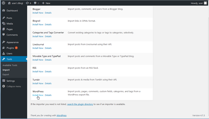 Installa lo strumento di importazione nella WordPress dashboard
