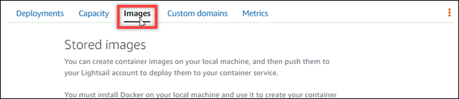 Scheda Immagini nella pagina di gestione dei servizi container della console Lightsail