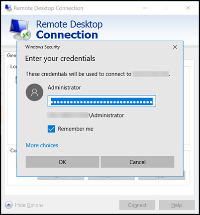 Impostazioni della connessione Desktop remoto.