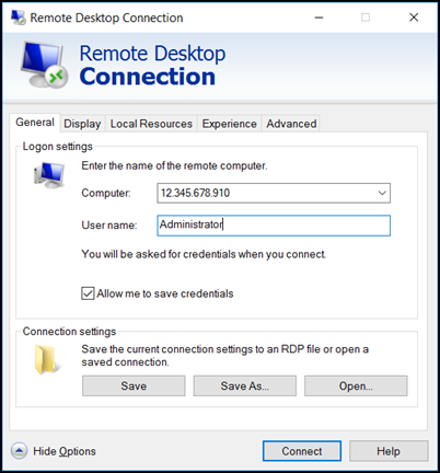 Applicazione Remote Desktop Connection.
