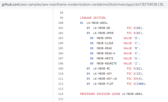 Esempio di collegamento in un file sorgente COBOL