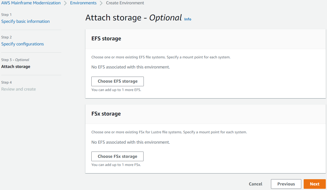 La pagina di storage AWS Mainframe Modernization Attach con i valori predefiniti applicati.