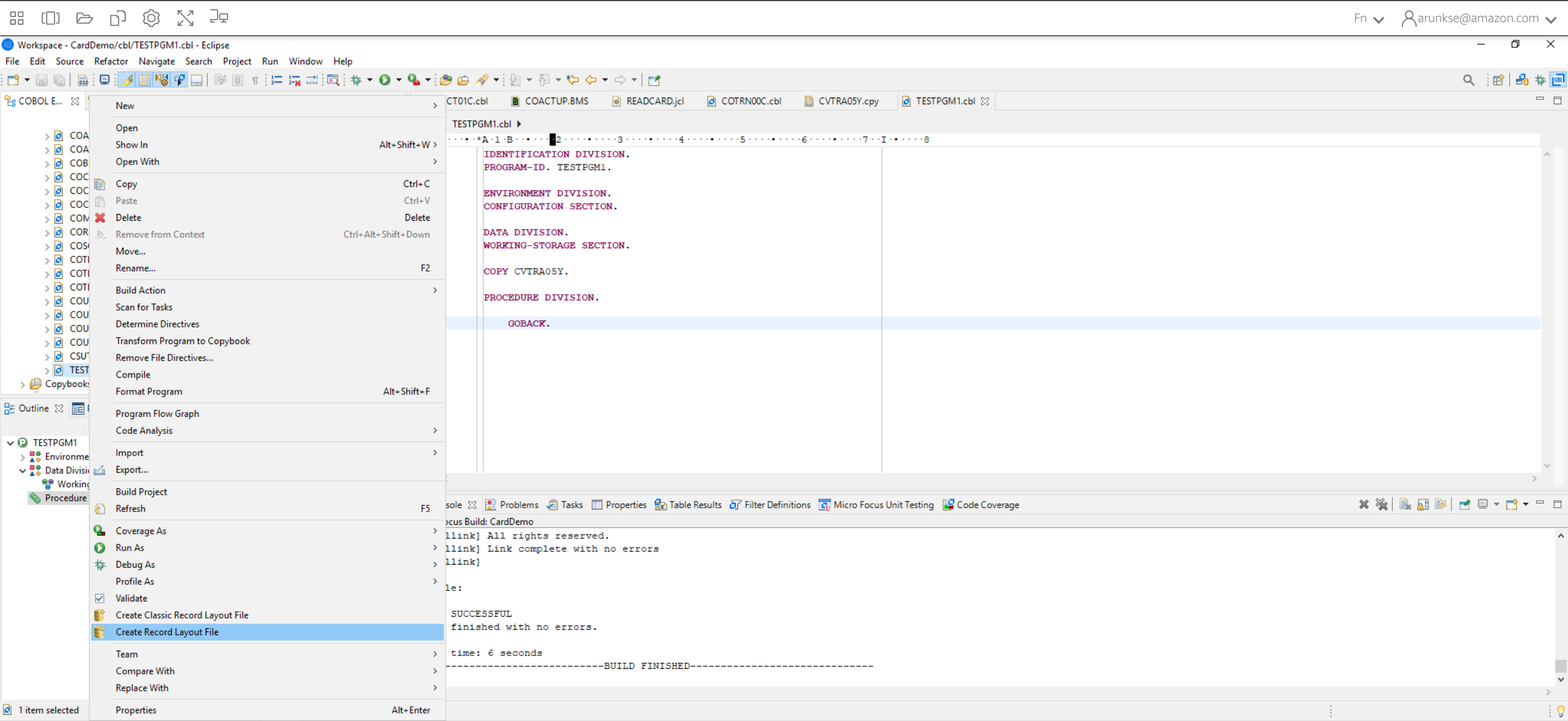 Posizione del comando Create Record Layout File in Enterprise Developer.