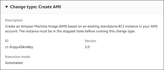 Modifica type details for creating an Amazon Machine Image (AMI) from an EC2 instance.