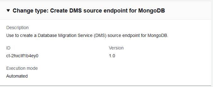Modifica digita i dettagli che mostrano l'ID, la versione 1.0 e la modalità di esecuzione automatica per l'endpoint MongoDB DMS.