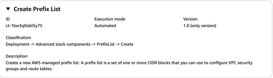 Schermata del tipo di modifica dell'elenco Create managed prefix nella console AMS