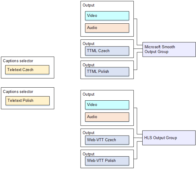 Diagram showing input captions and output formats for Microsoft Smooth and HLS groups.