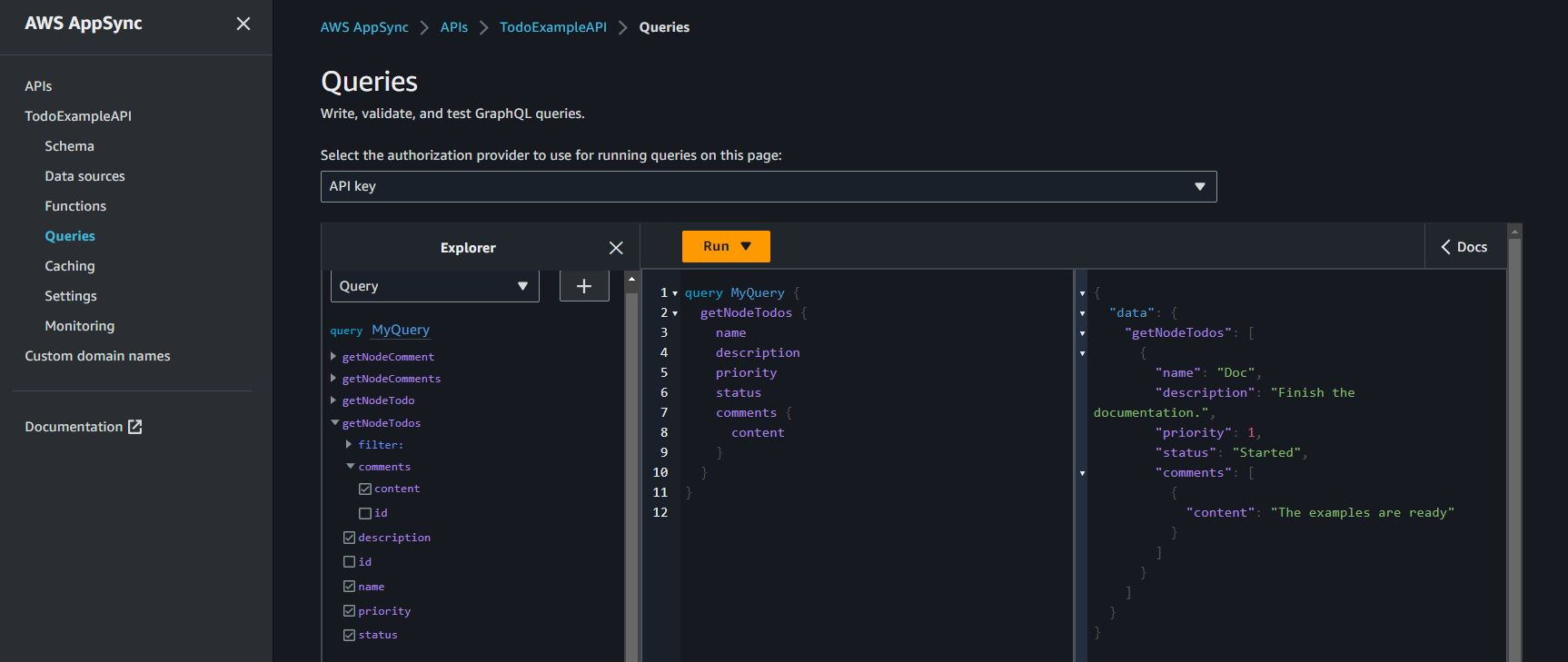 Screenshot che mostra una query annidata per recuperare Todos e i relativi commenti allegati nella console Queries AppSync