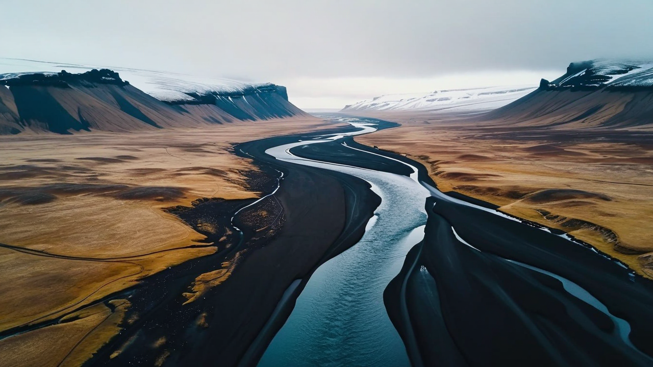 vista da drone di un fiume scuro che si snoda attraverso un arido paesaggio islandese, qualità cinematografica