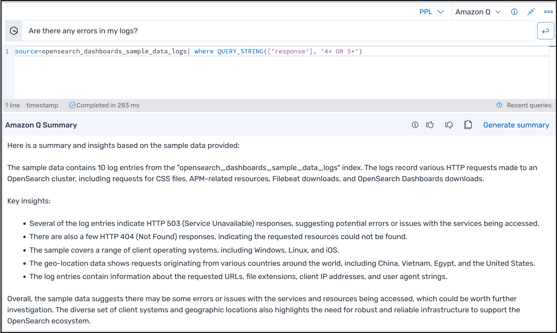 Un esempio di query e riepilogo in linguaggio naturale di Amazon Q Developer.