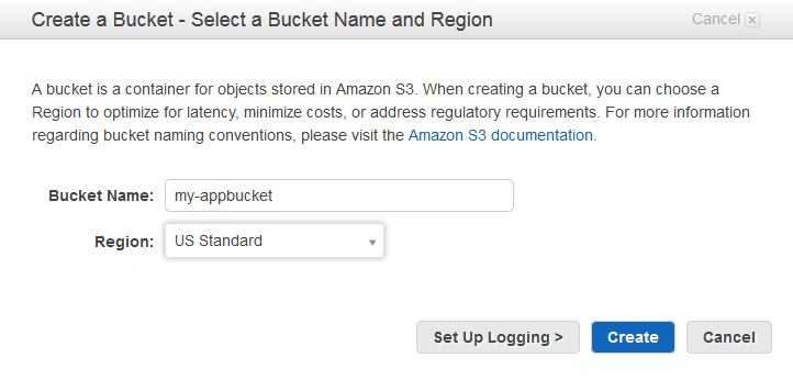Pagina S3 Create a Bucket (Creare un bucket).