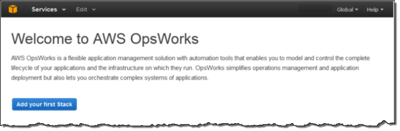 Se non hai stack, vedrai la pagina di prima esecuzione nella console OpsWorks Stacks; in caso contrario, vedrai un elenco di tutti gli stack del tuo account.