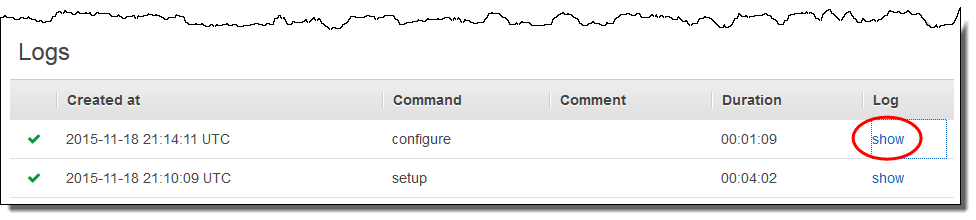 Log entries showing configure and setup commands with timestamps and durations.