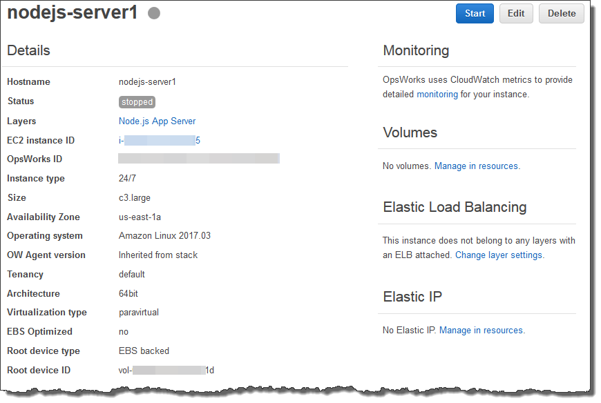 Details of a stopped Node.js server instance on AWS, showing configuration and resource information.