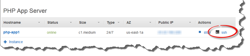 Azione ssh nella pagina Instances (Istanze)