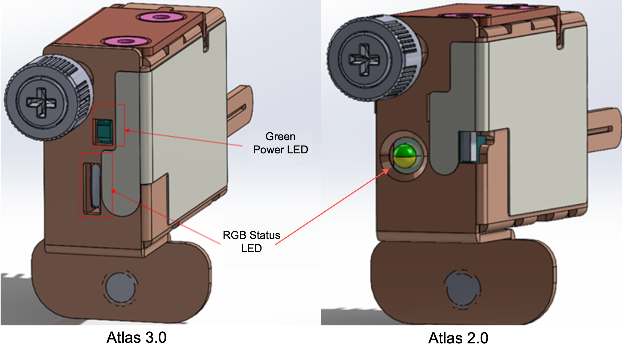 Un'immagine degli NSK Atlas 2.0 e 3.0 con il LED di stato RGB su ogni NSK e il LED Power verde sull'Atlas 3.0.