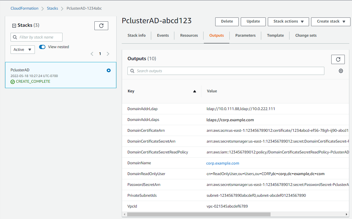 Un diagramma che mostra gli output dello stack creati in. AWS Management Console