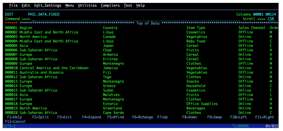 Visualizzazione del contenuto del set di dati in z/OS.