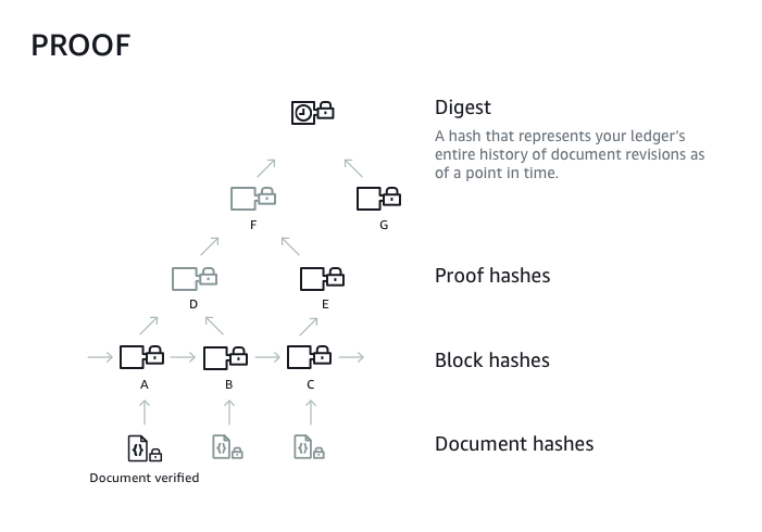 Diagramma ad albero hash di Amazon QLDB per un set di hash a blocchi in un filamento di journal.