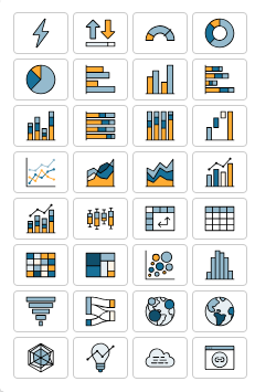 Griglia di icone di grafici e grafici tra cui grafici a barre, grafici a linee, grafici a torta e tipi di visualizzazione dei dati.