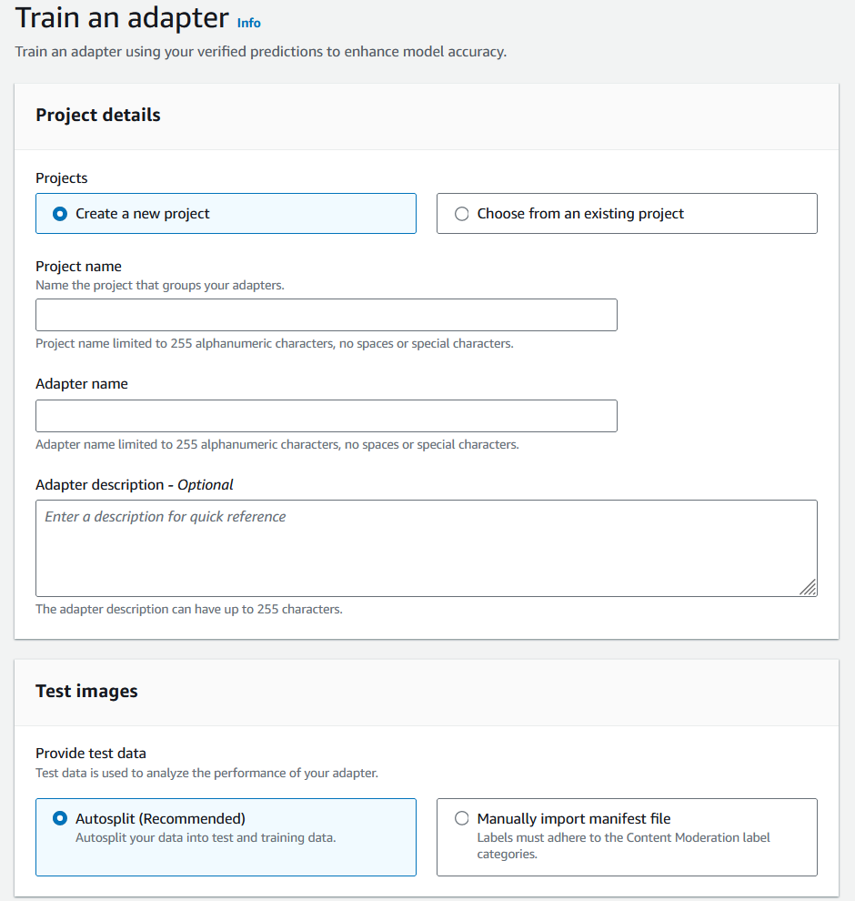 Interfaccia per la creazione di un nuovo progetto di adattatore con campi per inserire il nome del progetto, il nome dell'adattatore, la descrizione dell'adattatore, specificare l'origine dei dati di test e suddividere automaticamente i dati o importare un file manifest.